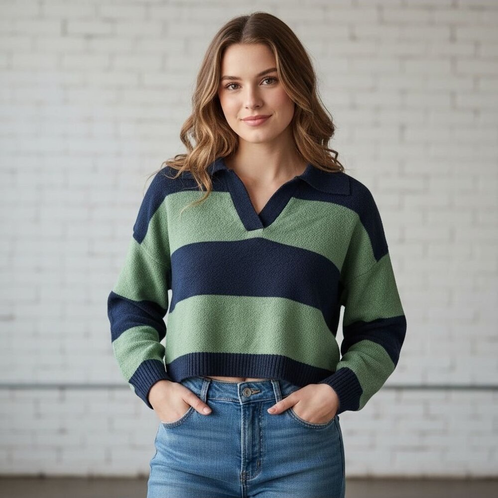 Wild Fable Green & Navy Striped‎ Collared Sweater Top S Polyester/Cotton